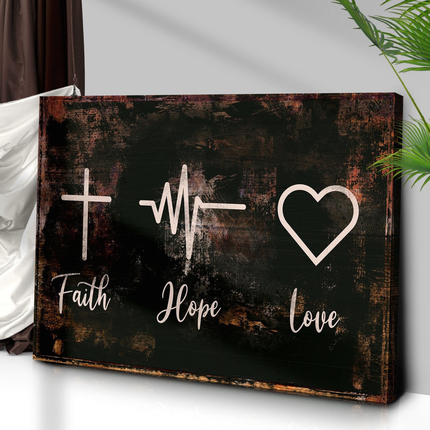 Rustic Faith Hope Love canvas sign with distressed black surface and white script on Tampa Home & Garden Store