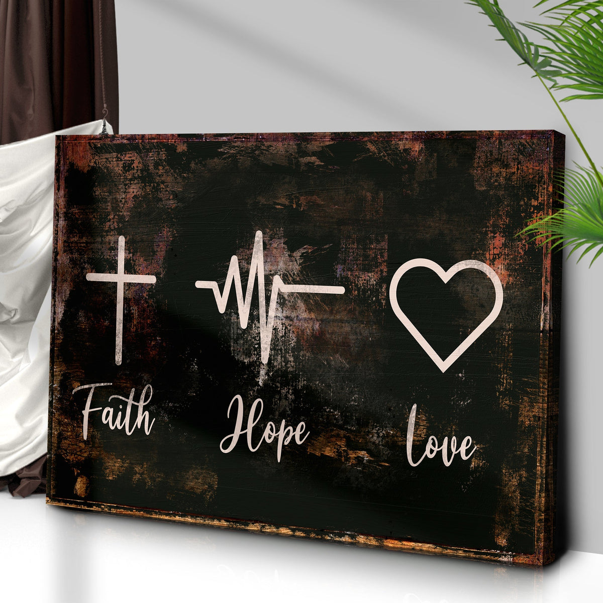 Rustic Faith Hope Love canvas sign with distressed black surface and white script on Tampa Home & Garden Store