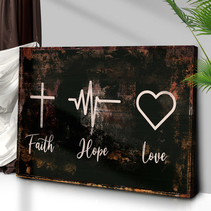 Rustic Faith Hope Love canvas sign with distressed black surface and white script on Tampa Home & Garden Store
