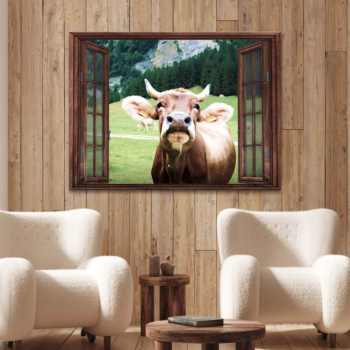 Cattle On Window Canvas Wall Art Tailored Canvases rustic wood frame cow peeking through window on Tampa Home & Garden Store
