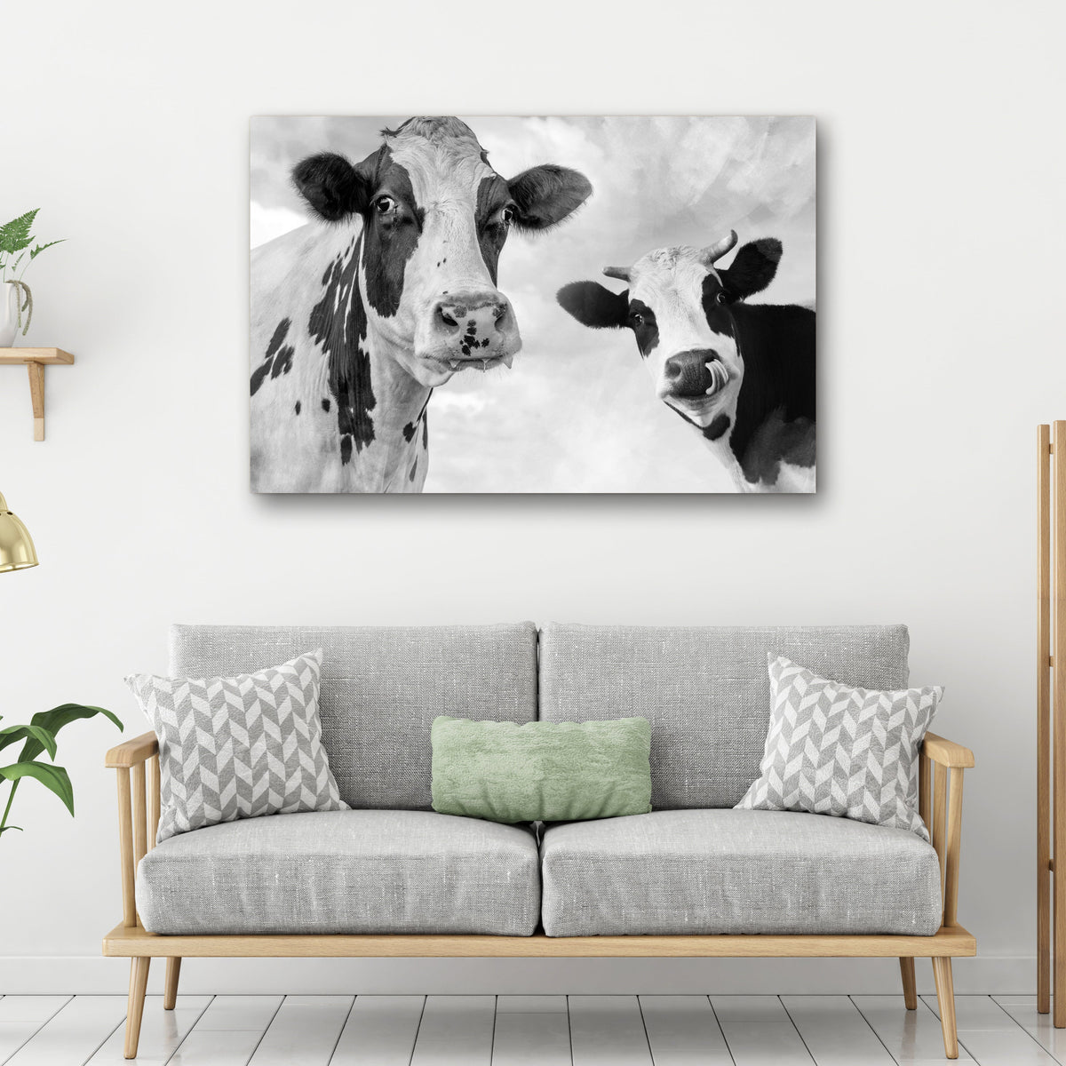 Monochrome Holstein cows canvas wall art, two cows, black and white pastoral scene on Tampa Home & Garden Store