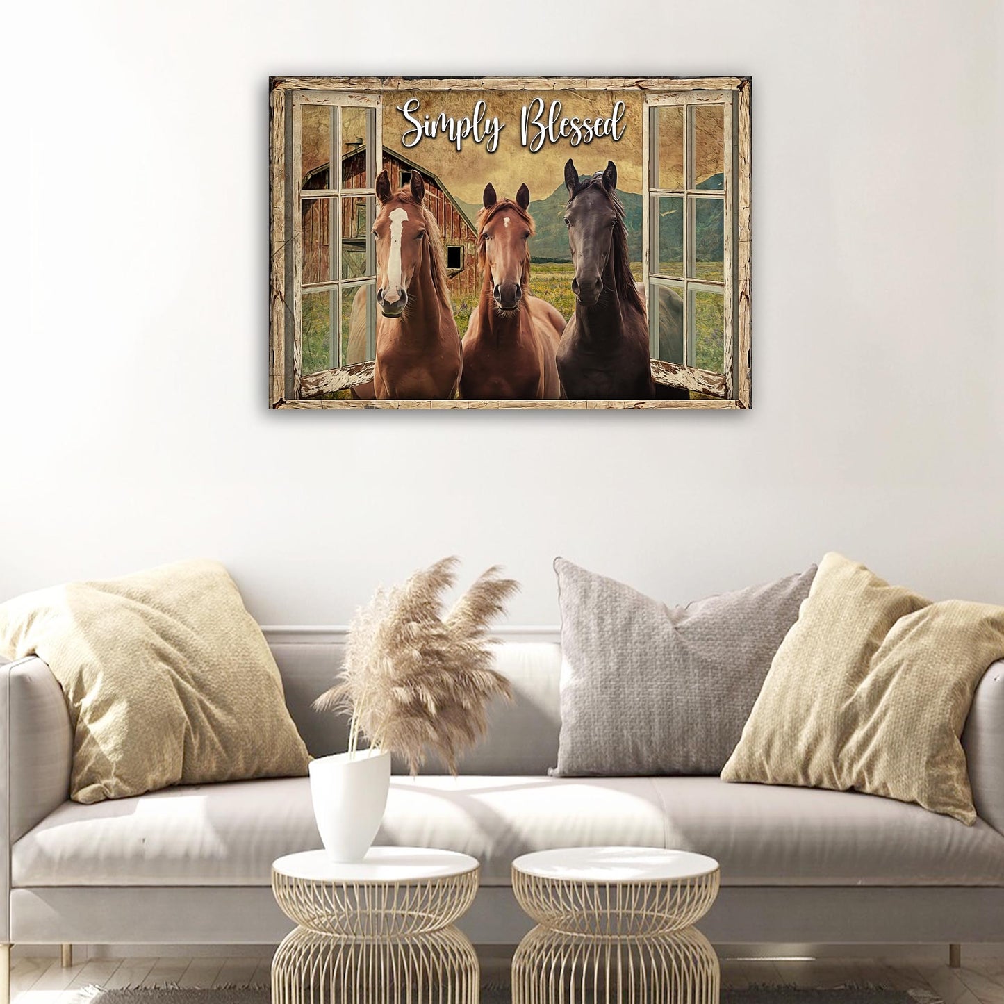 Canvas sign Simply Blessed Amazing Horse Farm with three horses at a wooden window frame on Tampa Home & Garden Store