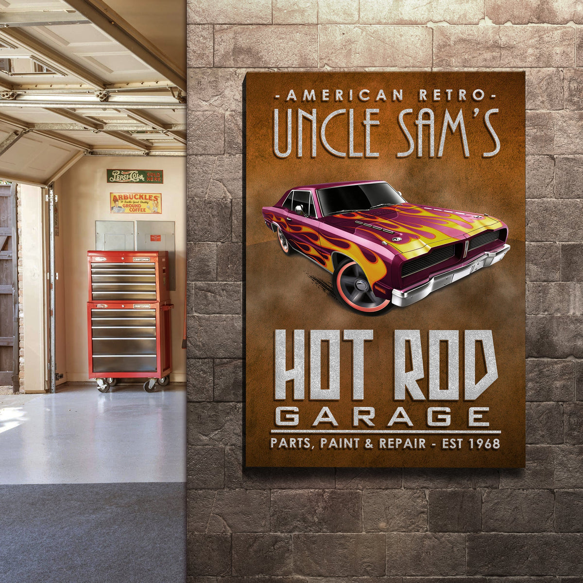 Canvas print American Retro Garage Hot Rod sign featuring flaming purple car on rust panel on Tampa Home & Garden Store