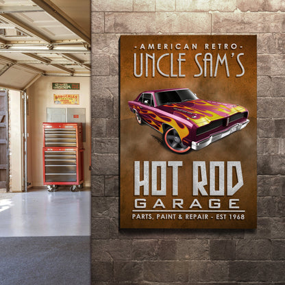Canvas print American Retro Garage Hot Rod sign featuring flaming purple car on rust panel on Tampa Home & Garden Store