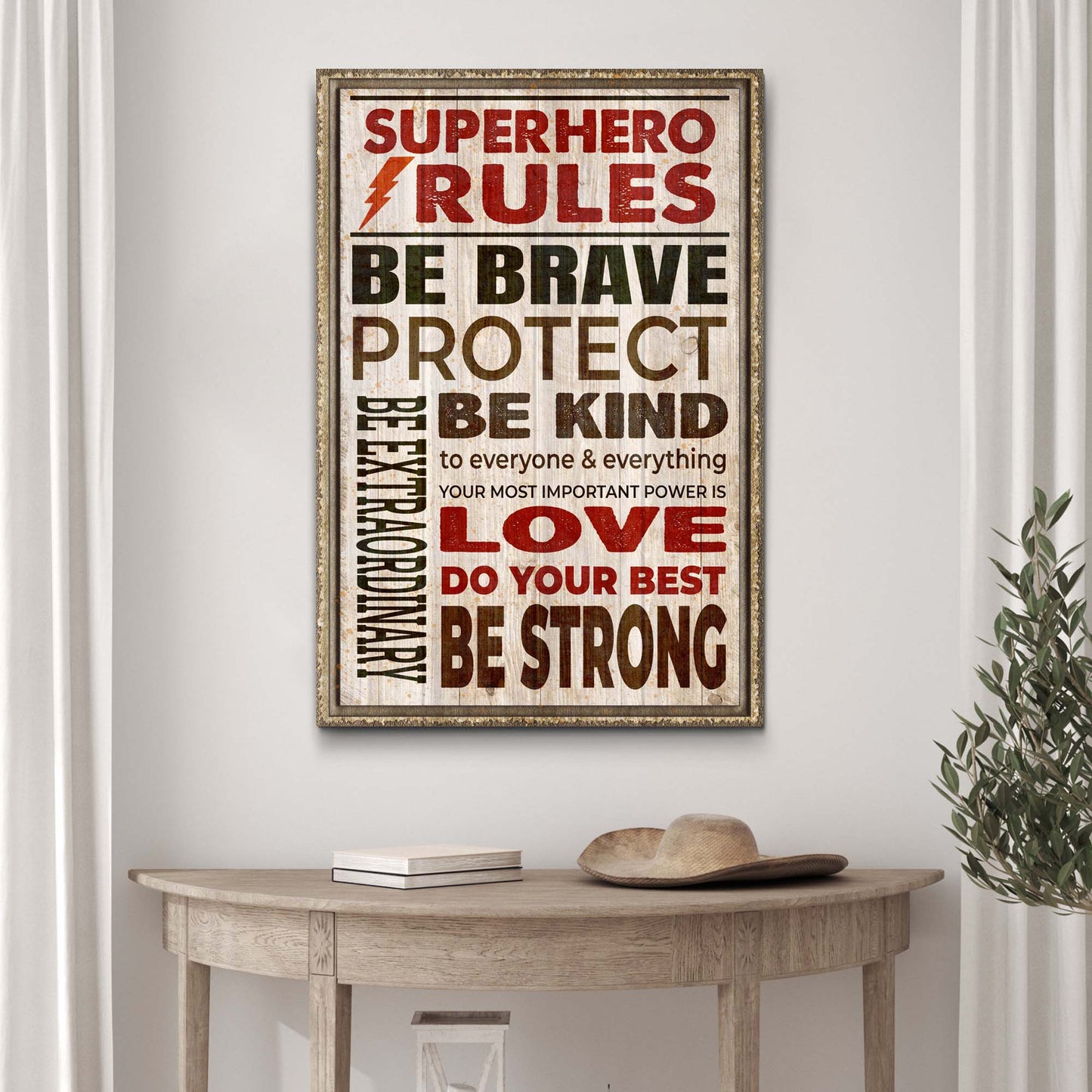 Your Most Important Power Is Love superhero rules canvas by Tailored Canvases, rustic framed canvas on Tampa Home & Garden Store