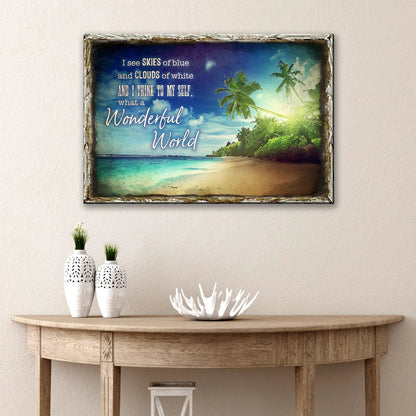 What A Wonderful World canvas by Tailored Canvases, tropical beach scene with palm trees on Tampa Home & Garden Store
