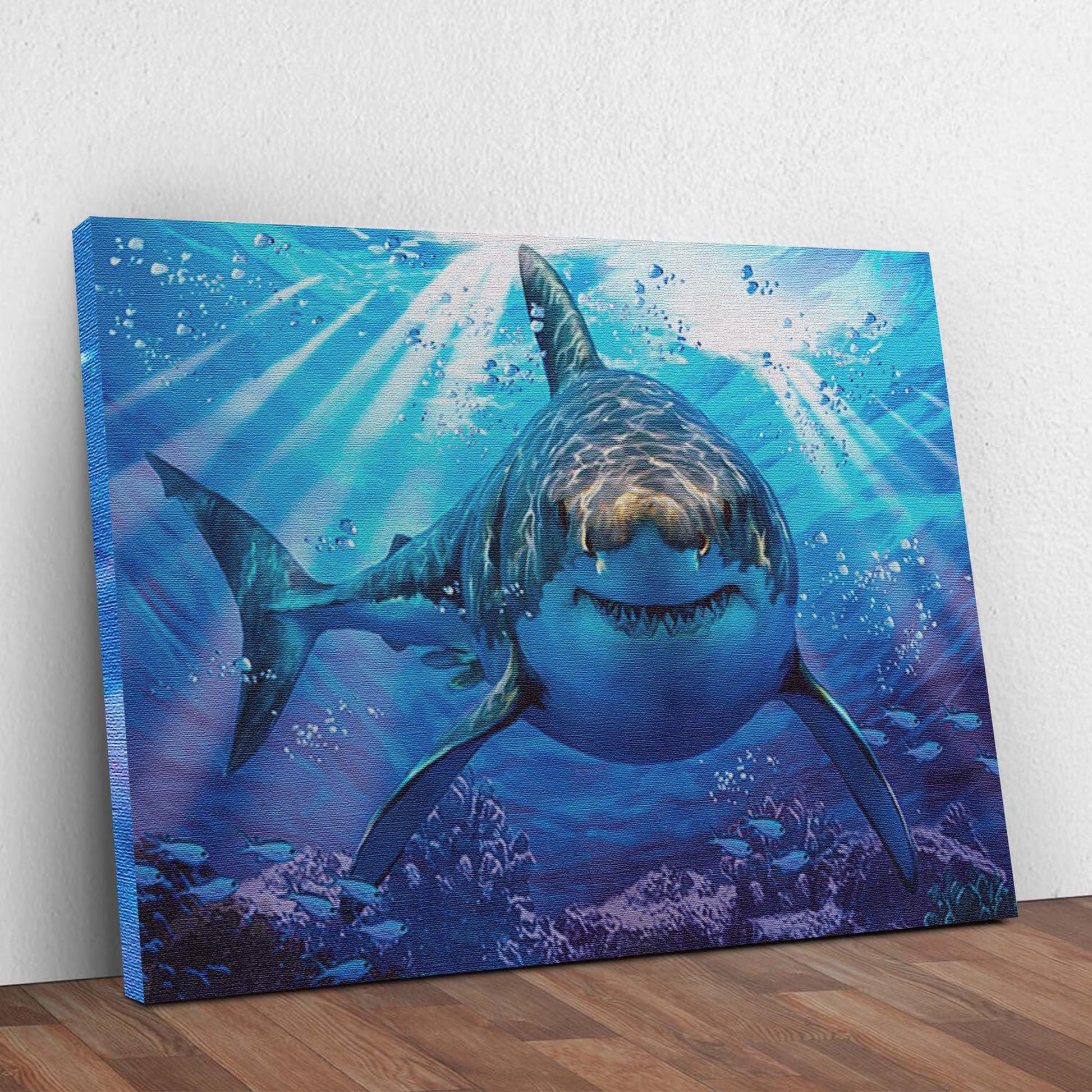 Underwater White Shark Canvas Wall Art by Tailored Canvases, blue ocean scene on canvas on Tampa Home & Garden Store