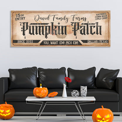 Family Farms Pumpkin Patch Sign II canvas by Tailored Canvases, distressed beige craft sign on Tampa Home & Garden Store