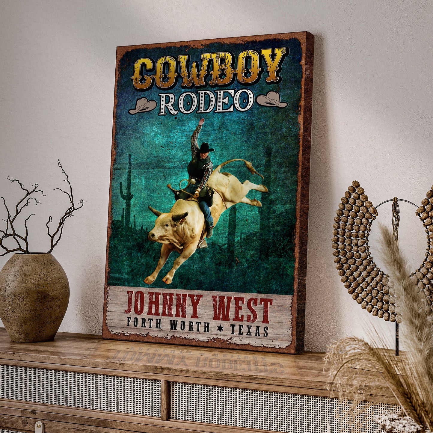 Cowboy Rodeo Sign canvas by Tailored Canvases with distressed wooden frame and western scene on Tampa Home & Garden Store