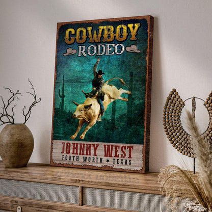 Cowboy Rodeo Sign canvas by Tailored Canvases with distressed wooden frame and western scene on Tampa Home & Garden Store