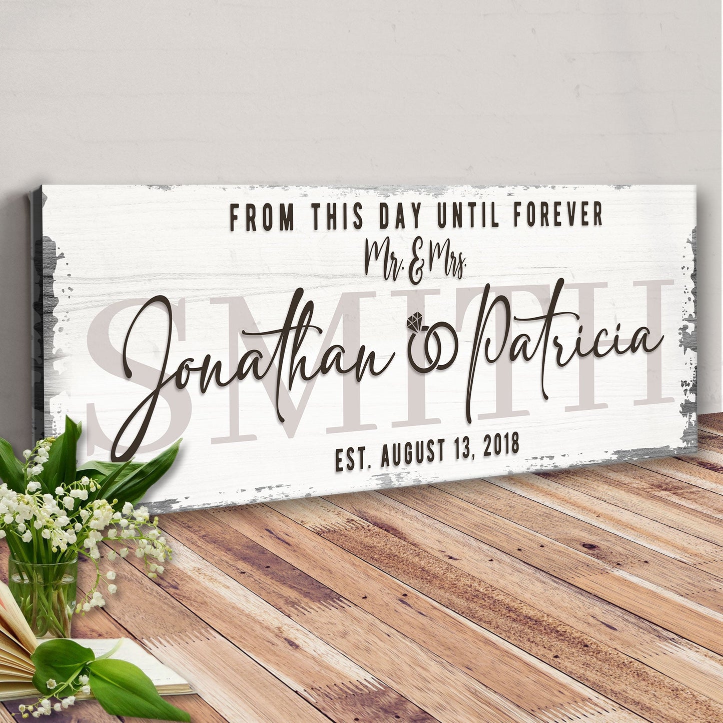 Custom Wedding Sign II canvas by Tailored Canvases with rustic distressed white backdrop on Tampa Home & Garden Store