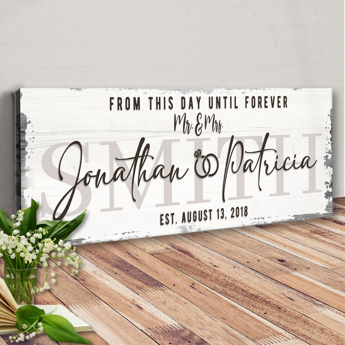 Custom Wedding Sign II canvas by Tailored Canvases with rustic distressed white backdrop on Tampa Home & Garden Store
