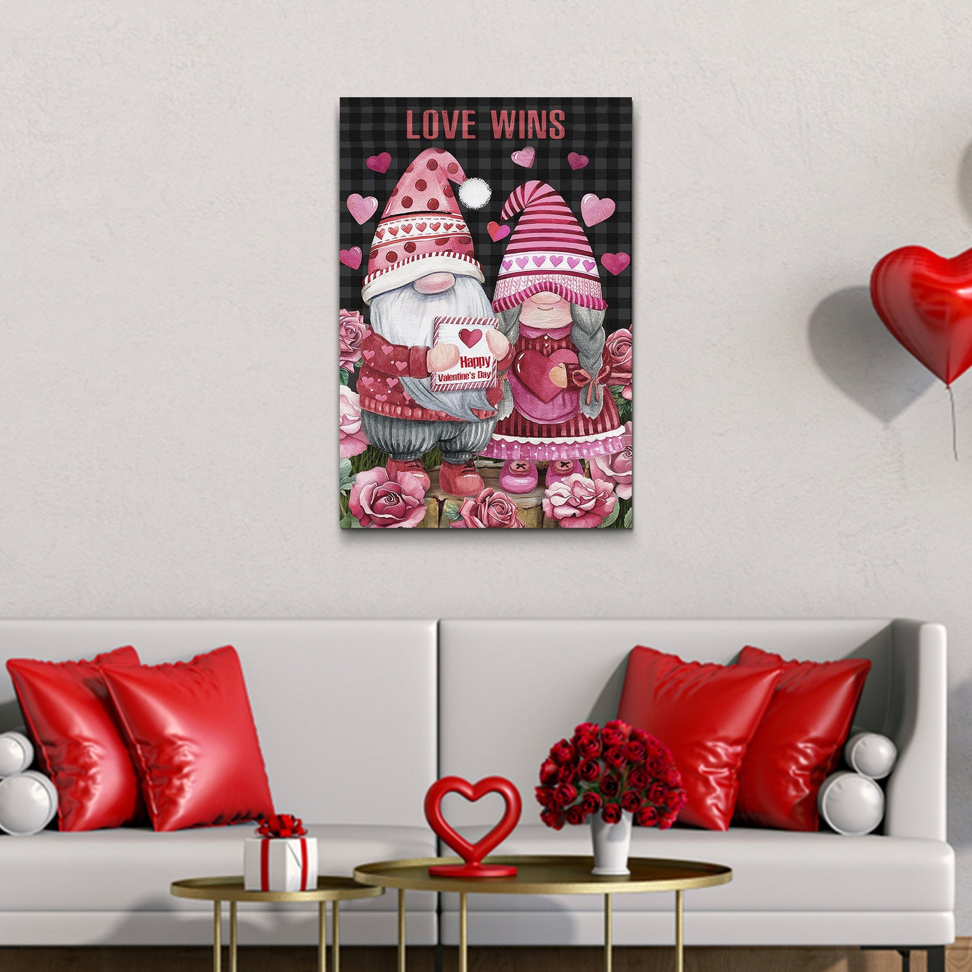 Valentine Gnomes Sign II canvas by Tailored Canvases with two pink gnomes and heart accents on Tampa Home & Garden Store