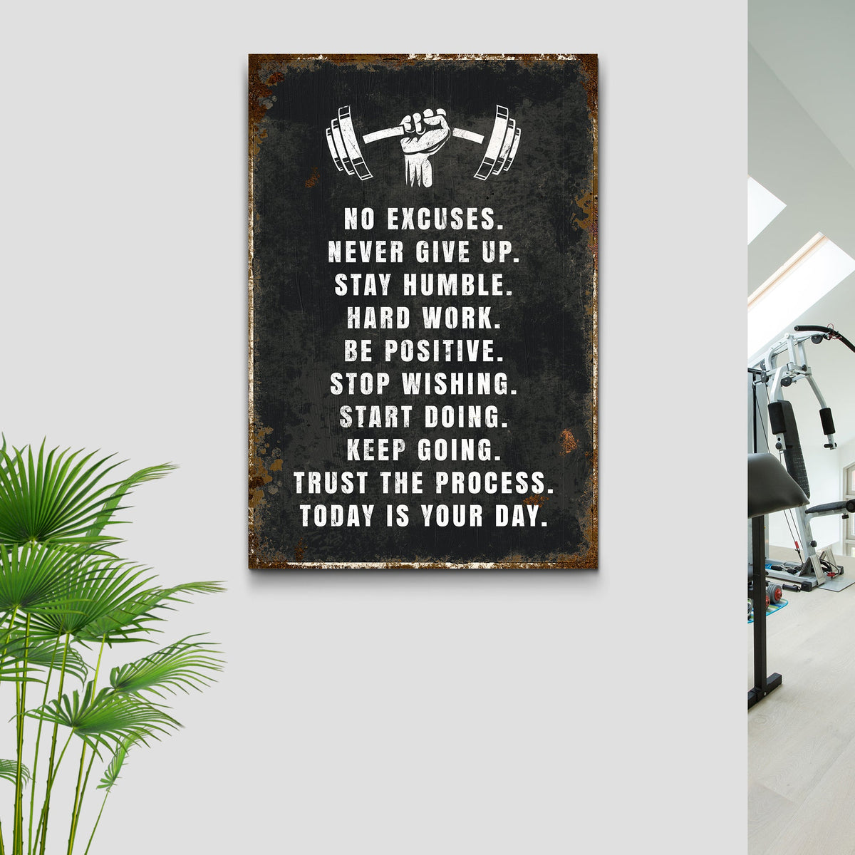 No Excuses Motivational Sign canvas with black background and white barbell fist on Tampa Home & Garden Store