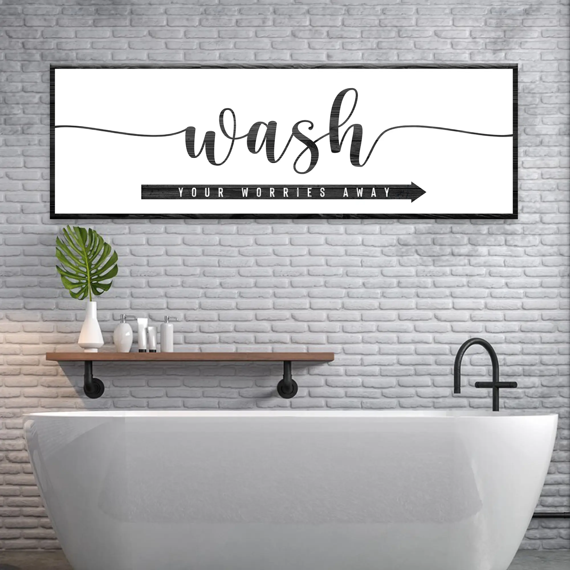Canvas sign Wash Your Worries Away by Tailored Canvases, white canvas with black script on Tampa Home & Garden Store