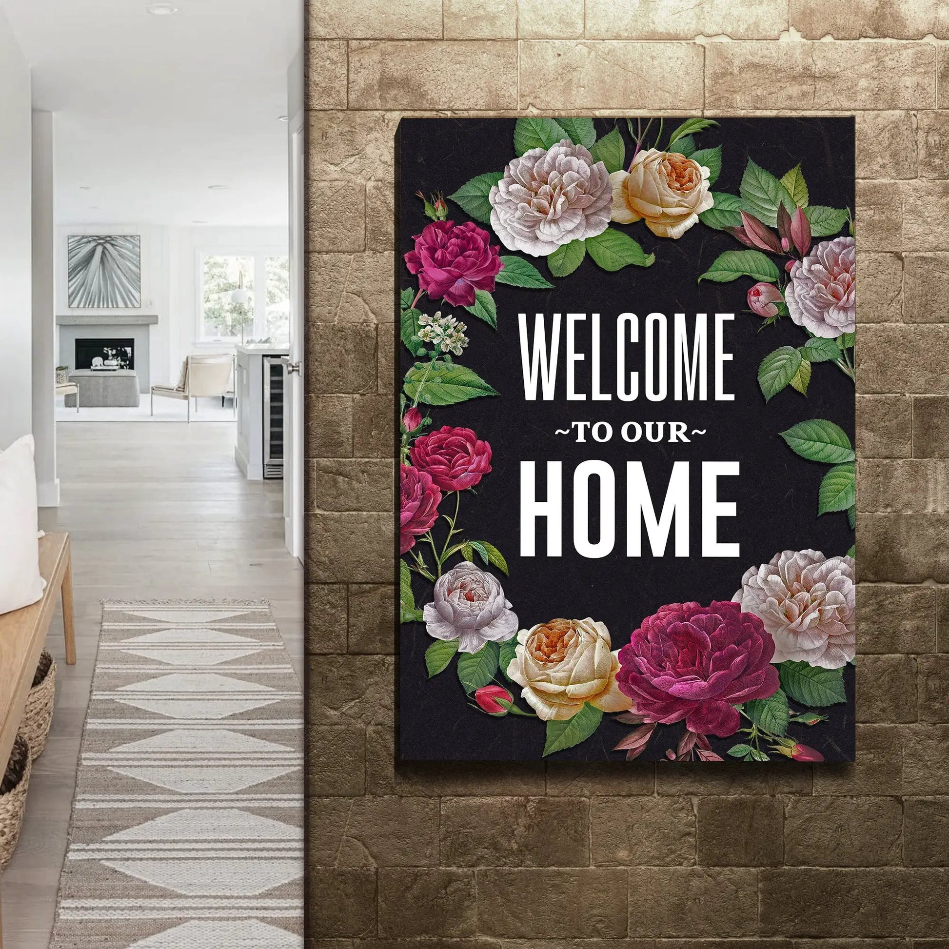 Canvas sign Welcome To Our Home with floral rose border on dark background Tailored Canvases on Tampa Home & Garden Store