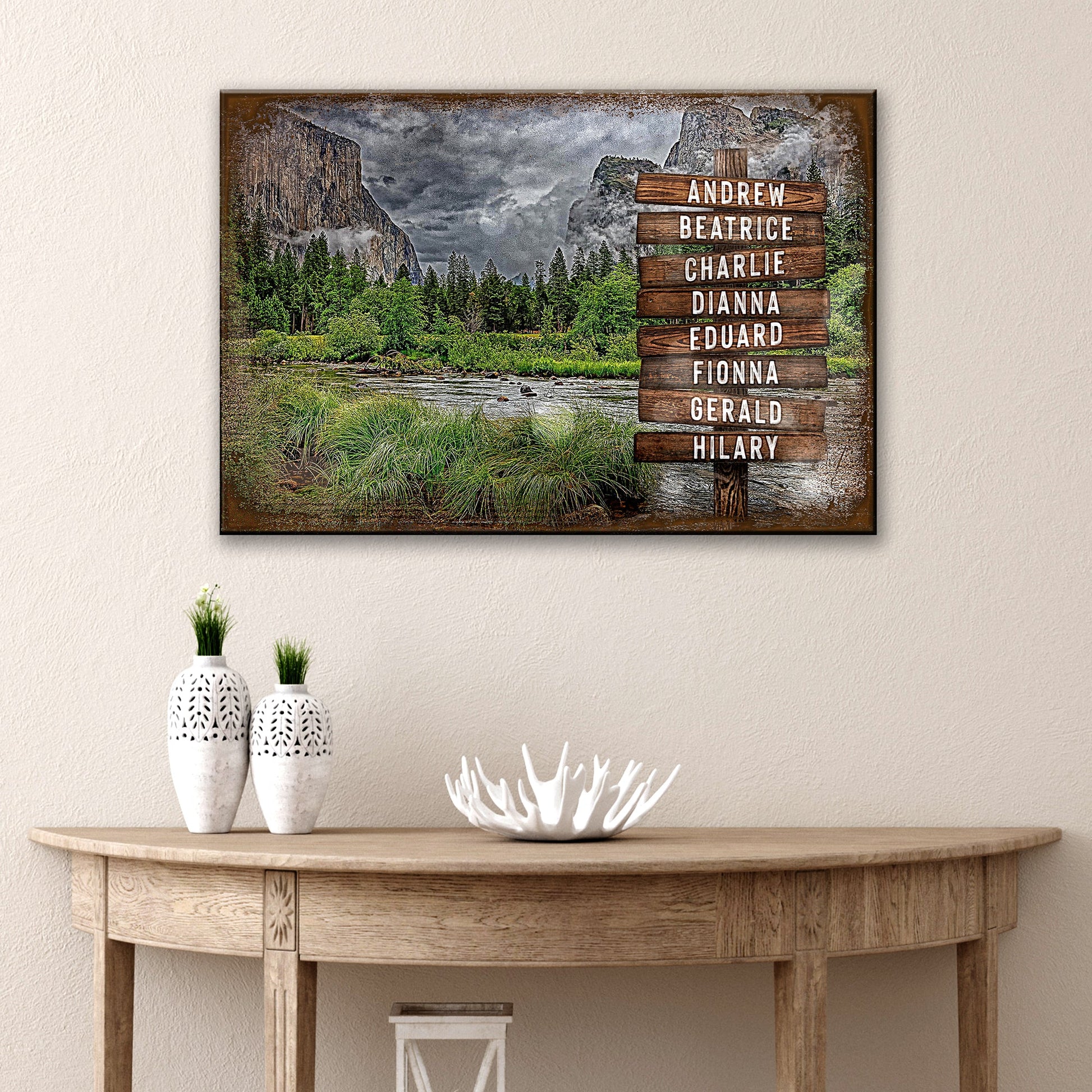Lake Family Name Sign canvas with rustic wood post listing names against forest lake scene on Tampa Home & Garden Store