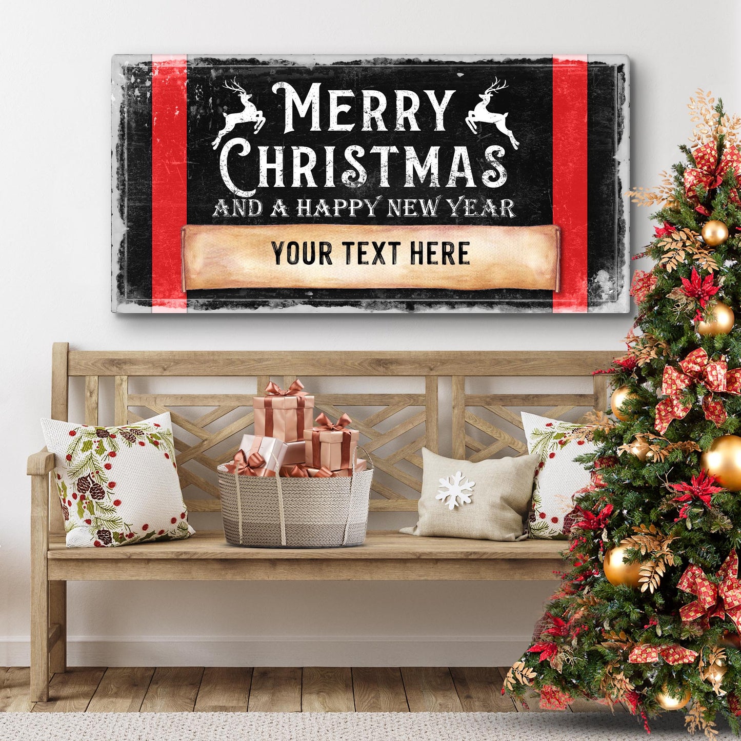 Merry Christmas And A Happy New Year canvas sign by Tailored Canvases with text on black on Tampa Home & Garden Store