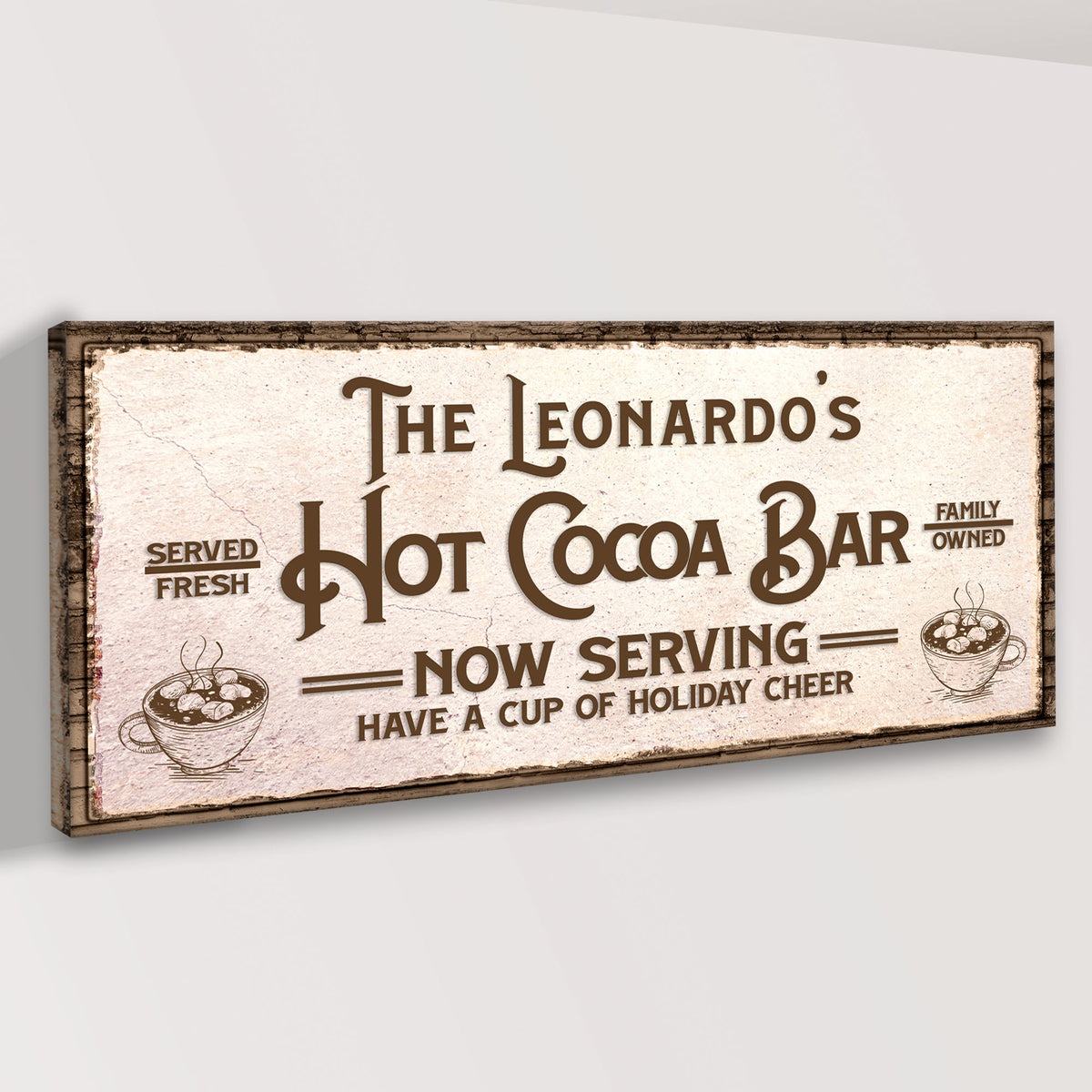 Hot Cocoa Bar sign canvas with vintage brown typography and cocoa cup art The Leonardos on Tampa Home & Garden Store