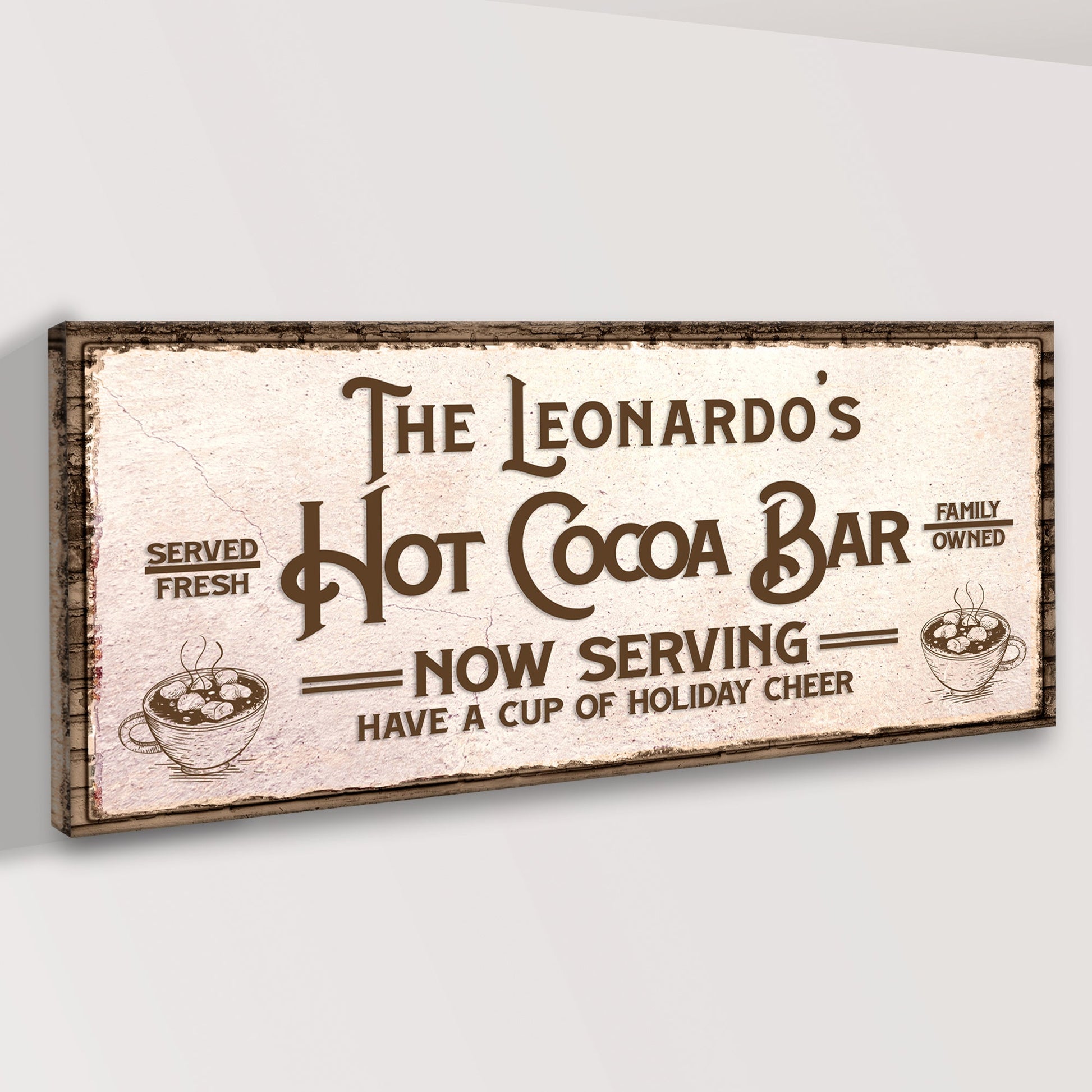 Hot Cocoa Bar sign canvas with vintage brown typography and cocoa cup art The Leonardos on Tampa Home & Garden Store