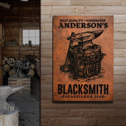 Canvas sign in rust copper tones with anvil graphic and text Best Quality Handmade Blacksmith on Tampa Home & Garden Store