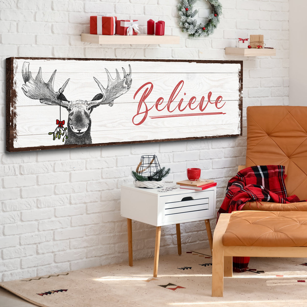 Believe Sign III canvas by Tailored Canvases whitewashed wood moose with red Believe on Tampa Home & Garden Store