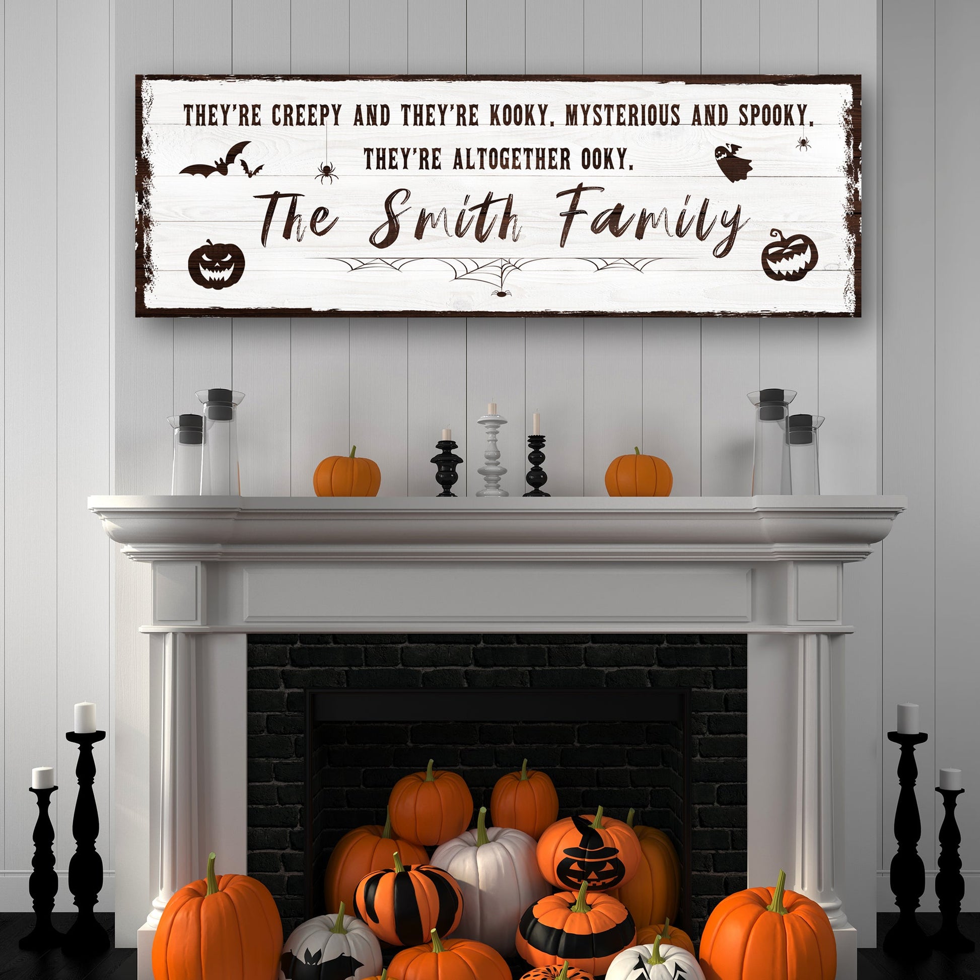 Creepy Family Sign canvas by Tailored Canvases; white wood plank, brown trim, Halloween pumpkins on Tampa Home & Garden Store