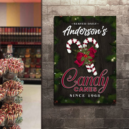 Served Daily Candy Canes Sign canvas with wood panel backdrop and Anderson's script on Tampa Home & Garden Store