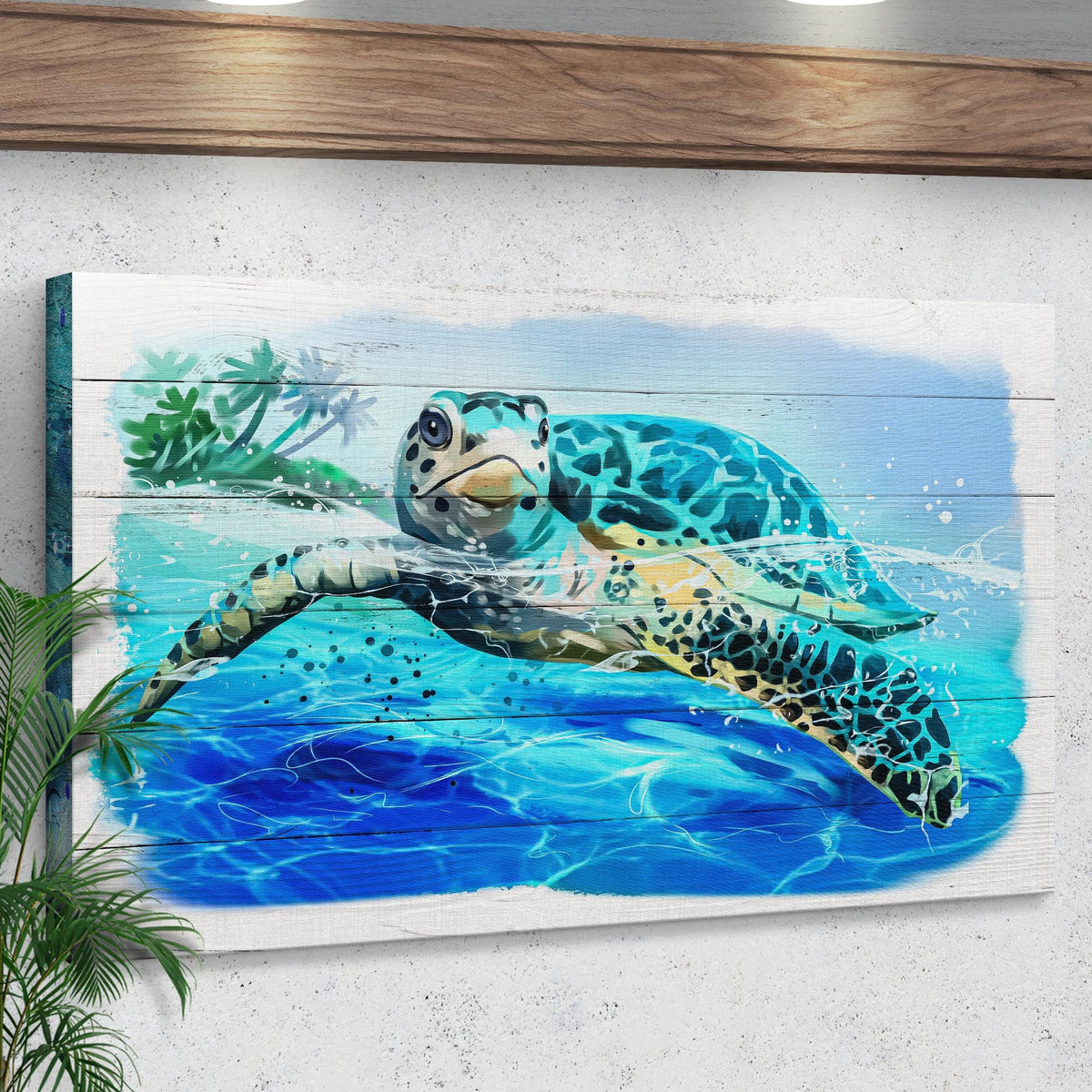 Turtle Oasis Watercolor Canvas Wall Art, blue ocean tones on weathered wood canvas print on Tampa Home & Garden Store