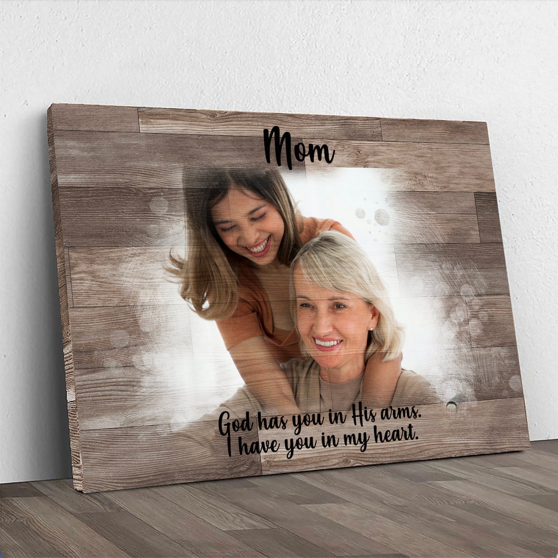 Canvas sign A Mother's Memory Sign with rustic wood backdrop and mom-daughter photo on Tampa Home & Garden Store