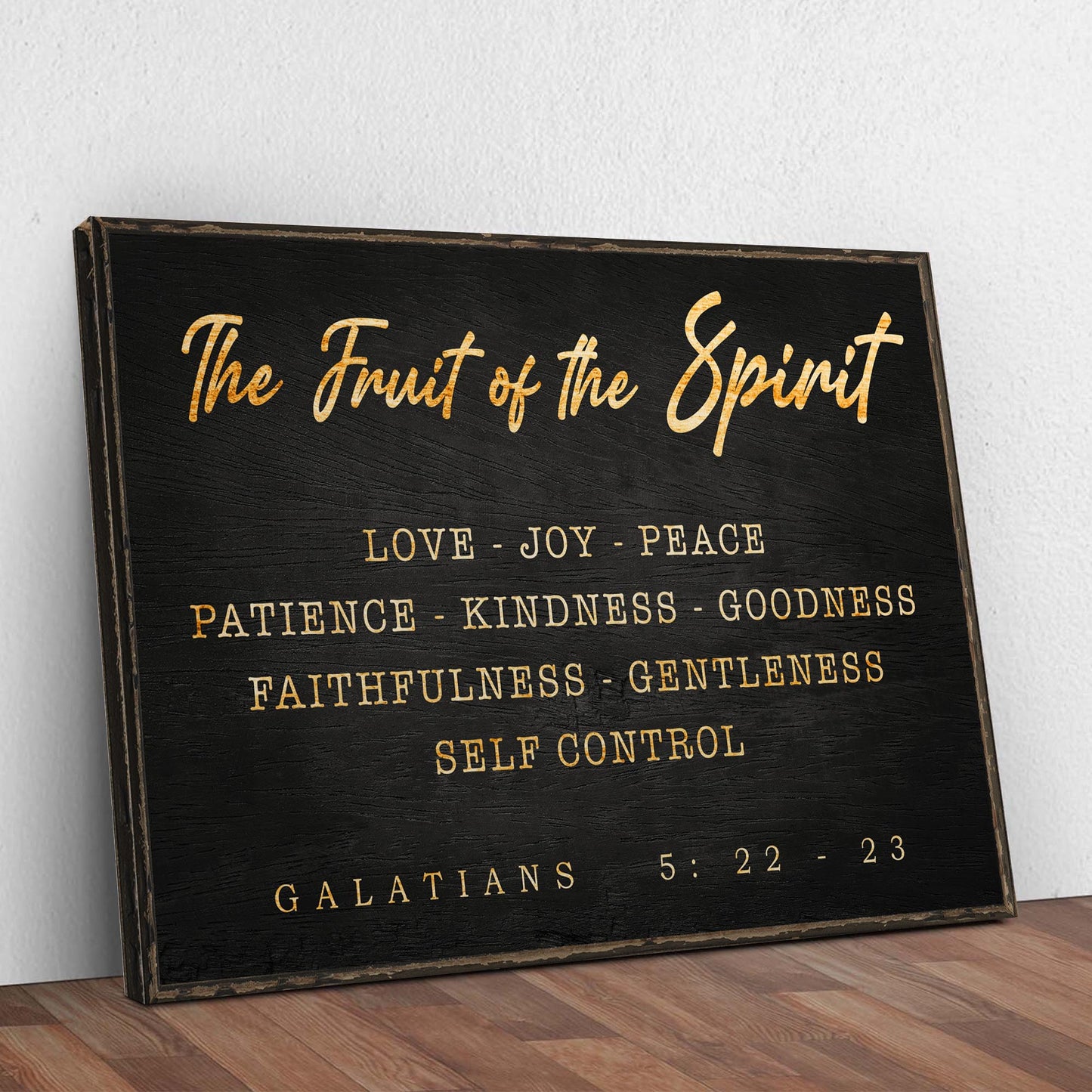 Canvas sign The Fruit of the Spirit in gold script on black background by Tailored Canvases on Tampa Home & Garden Store