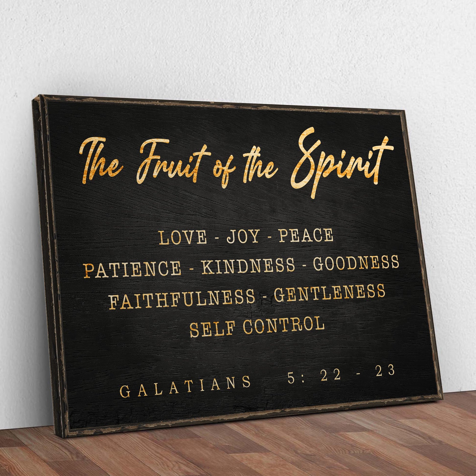 Canvas sign The Fruit of the Spirit in gold script on black background by Tailored Canvases on Tampa Home & Garden Store