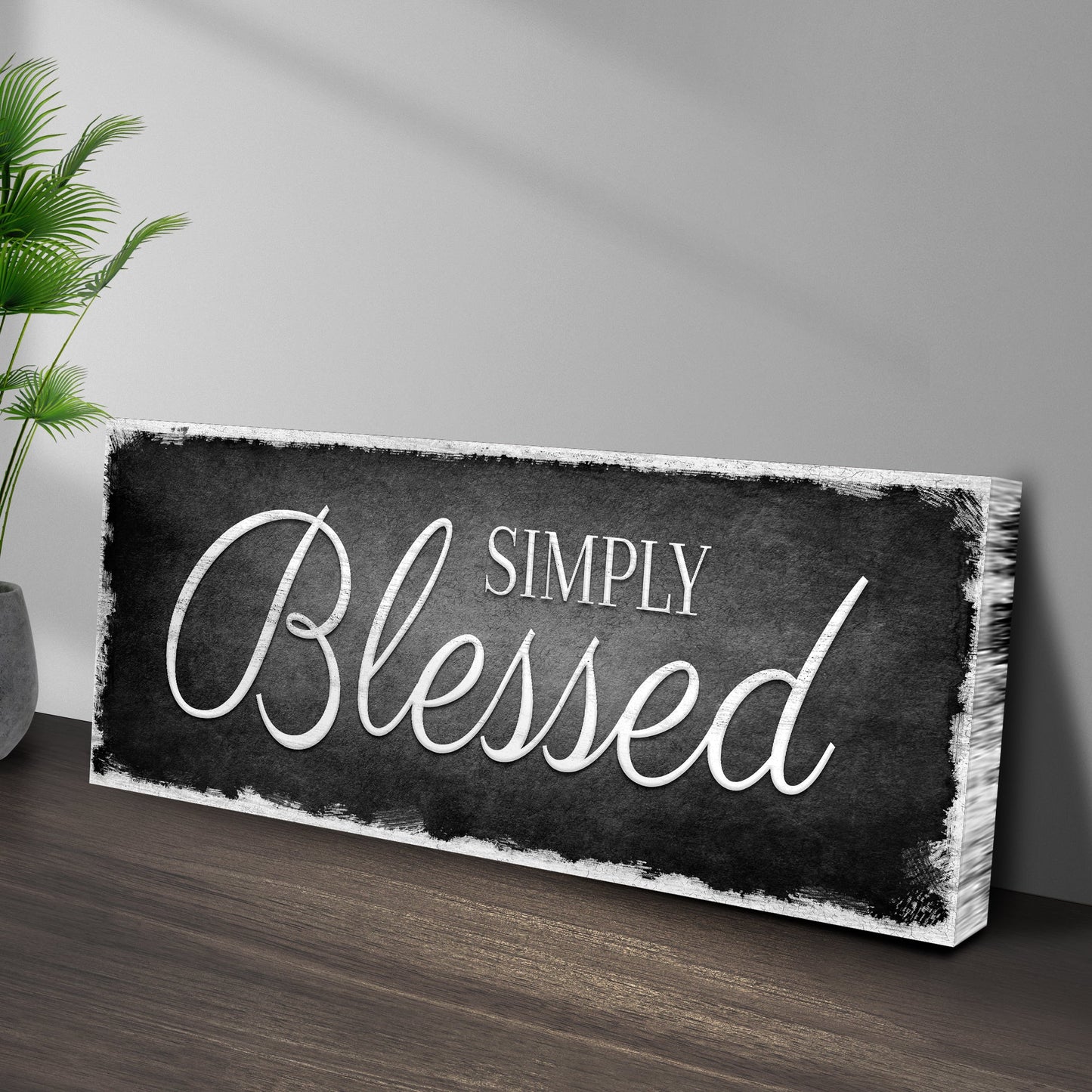 Simply Blessed Sign canvas; chalkboard panel with white script, green palm leaves on left on Tampa Home & Garden Store