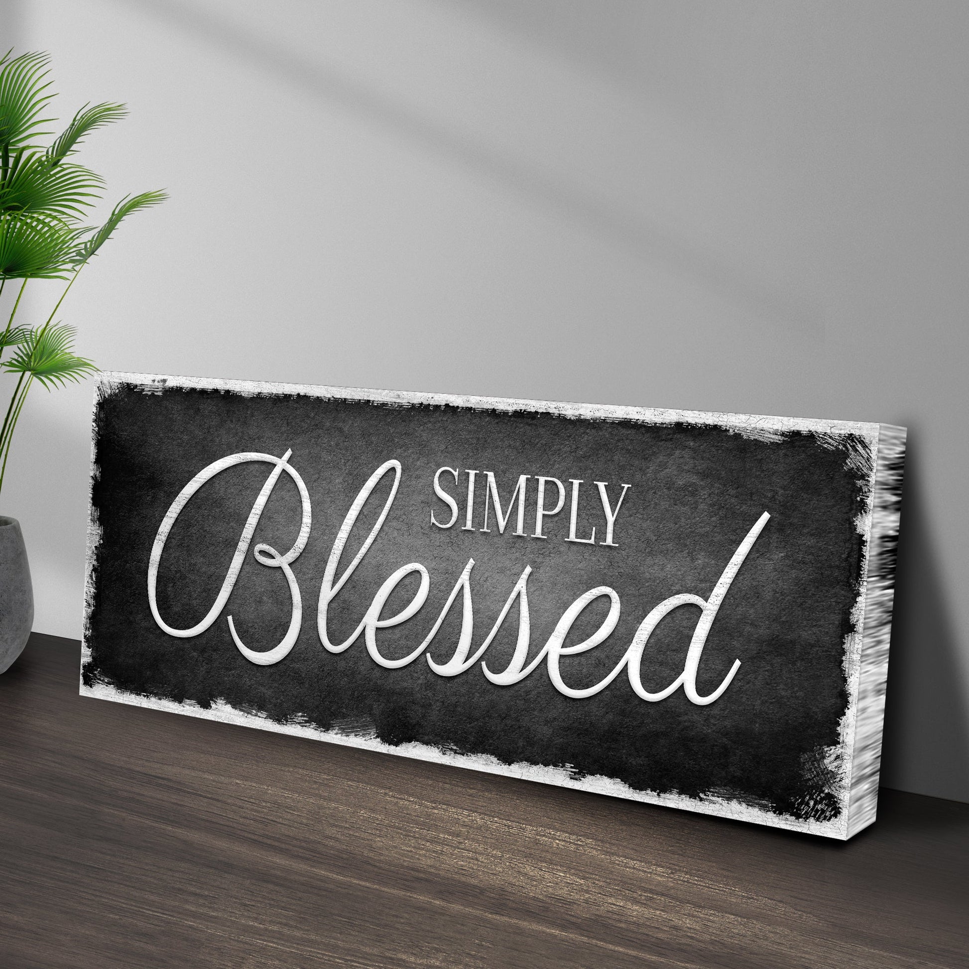 Simply Blessed Sign canvas; chalkboard panel with white script, green palm leaves on left on Tampa Home & Garden Store