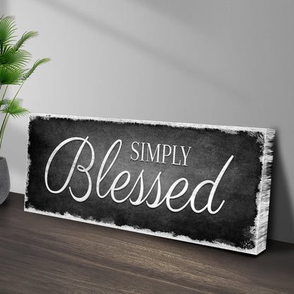 Simply Blessed Sign canvas; chalkboard panel with white script, green palm leaves on left on Tampa Home & Garden Store