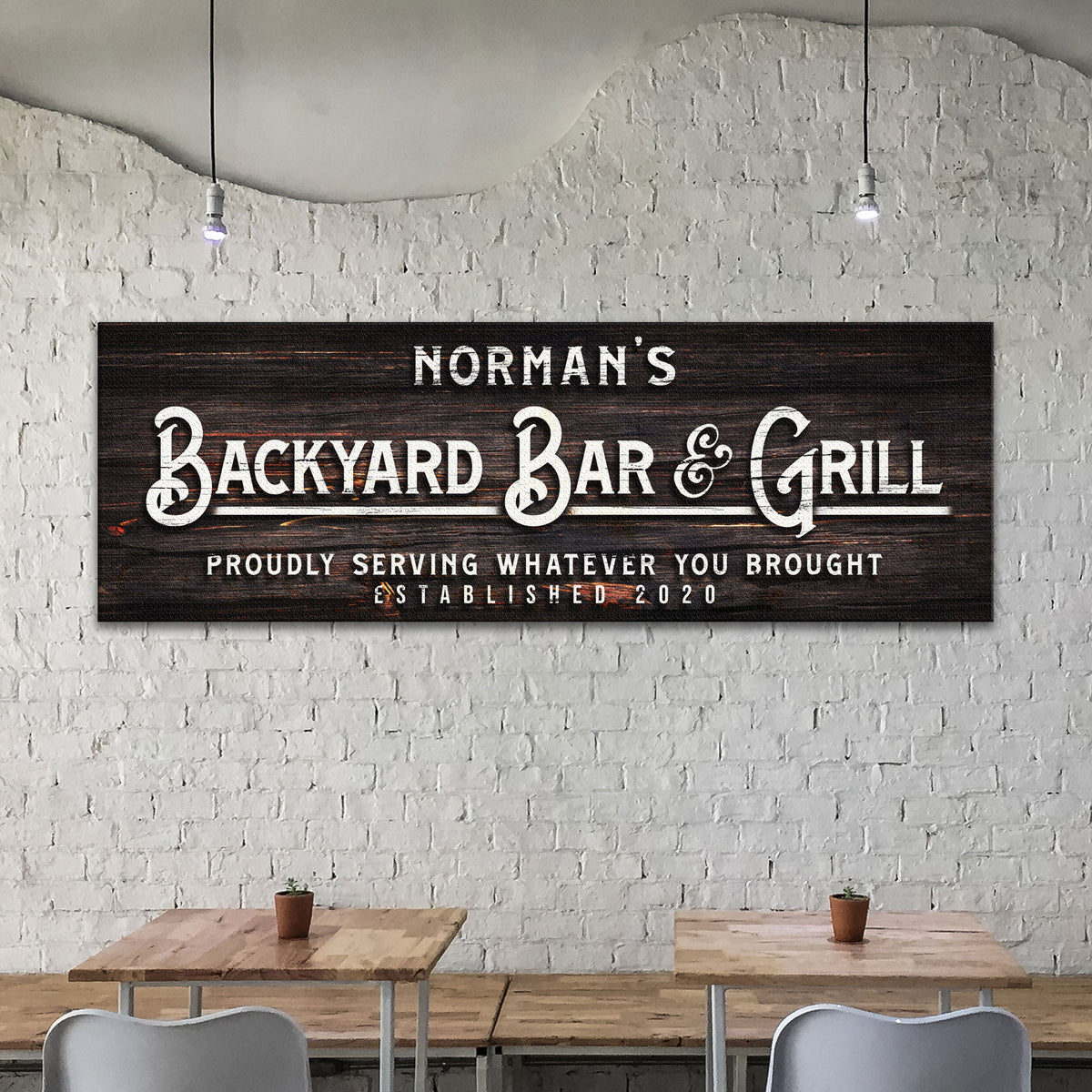 Backyard Bar & Grill Sign II canvas by Tailored Canvases in dark wood plank style on Tampa Home & Garden Store