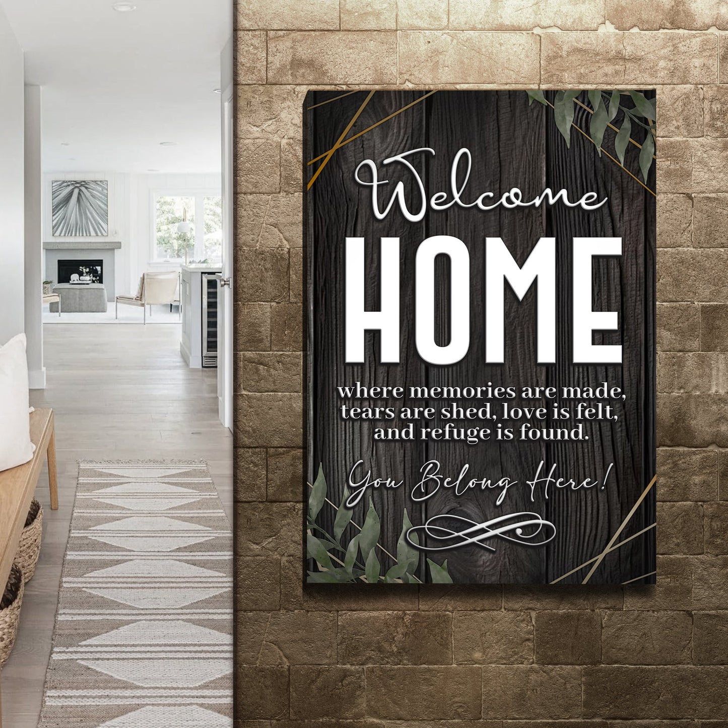Canvas sign Tailored Canvases You Belong Here Welcome Home; dark wood backdrop, bold white HOME on Tampa Home & Garden Store