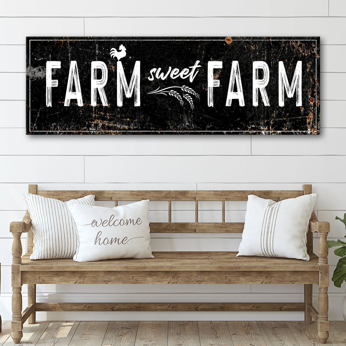 Tailored Canvases Farm sweet Farm sign canvas with lettering on black and rooster motif on Tampa Home & Garden Store