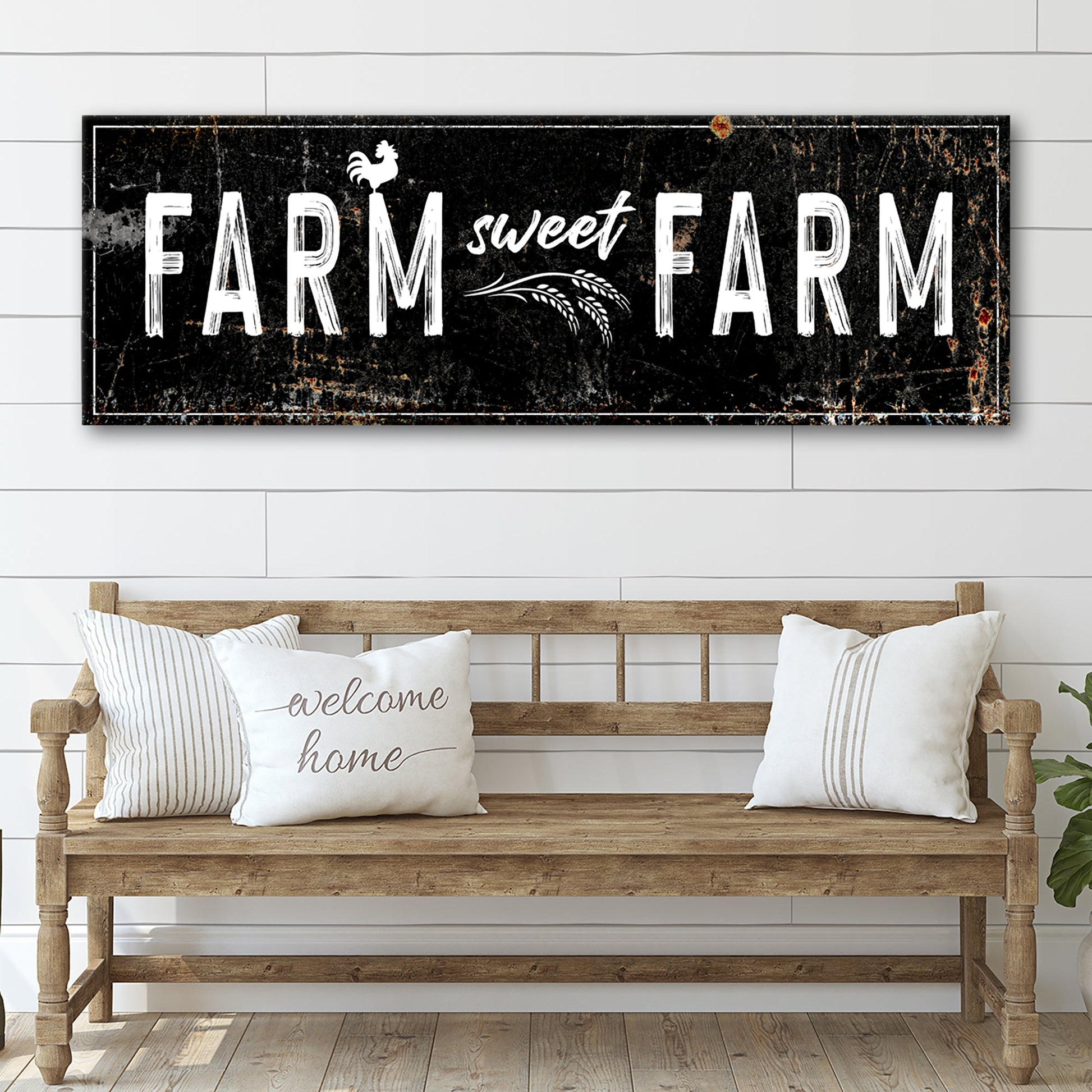 Tailored Canvases Farm sweet Farm sign canvas with lettering on black and rooster motif on Tampa Home & Garden Store