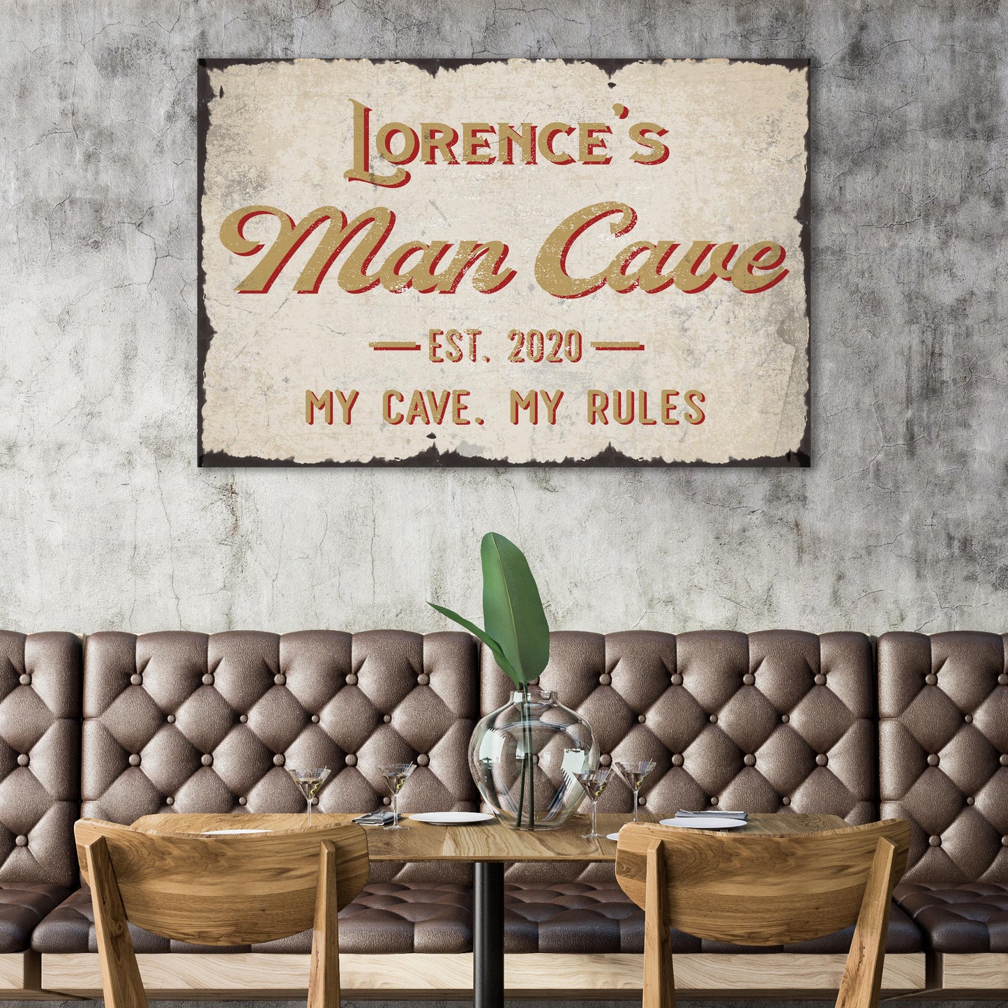 Canvas sign My Cave My Rules Man Cave decor with vintage red gold lettering on distressed beige on Tampa Home & Garden Store
