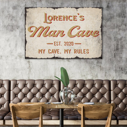 Canvas sign My Cave My Rules Man Cave decor with vintage red gold lettering on distressed beige on Tampa Home & Garden Store