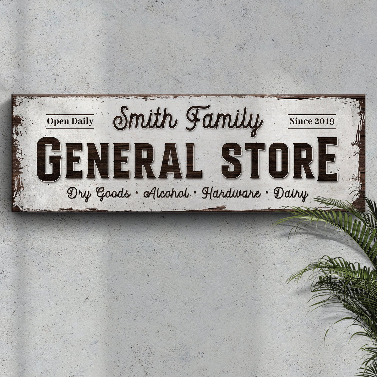 Family General Store canvas sign with distressed panel and rustic frame Smith Family lettering on Tampa Home & Garden Store