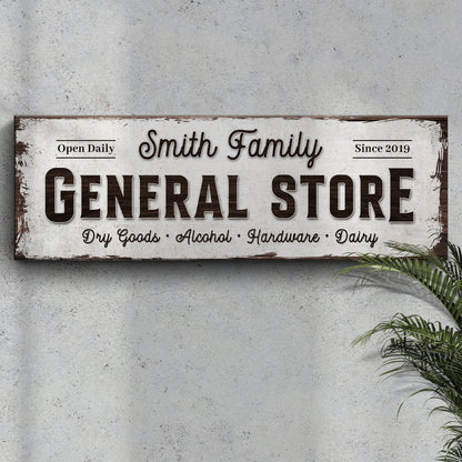 Family General Store canvas sign with distressed panel and rustic frame Smith Family lettering on Tampa Home & Garden Store