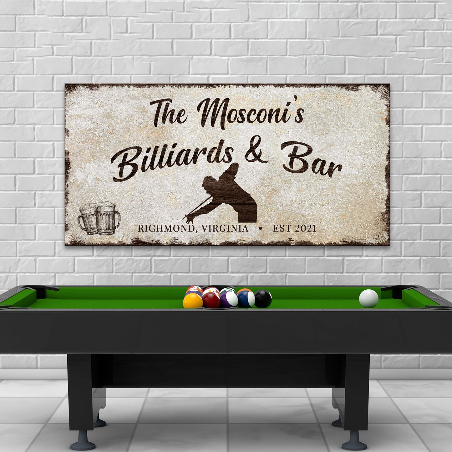 Billiards And Bar Sign II canvas craft by Tailored Canvases in beige rustic finish on Tampa Home & Garden Store