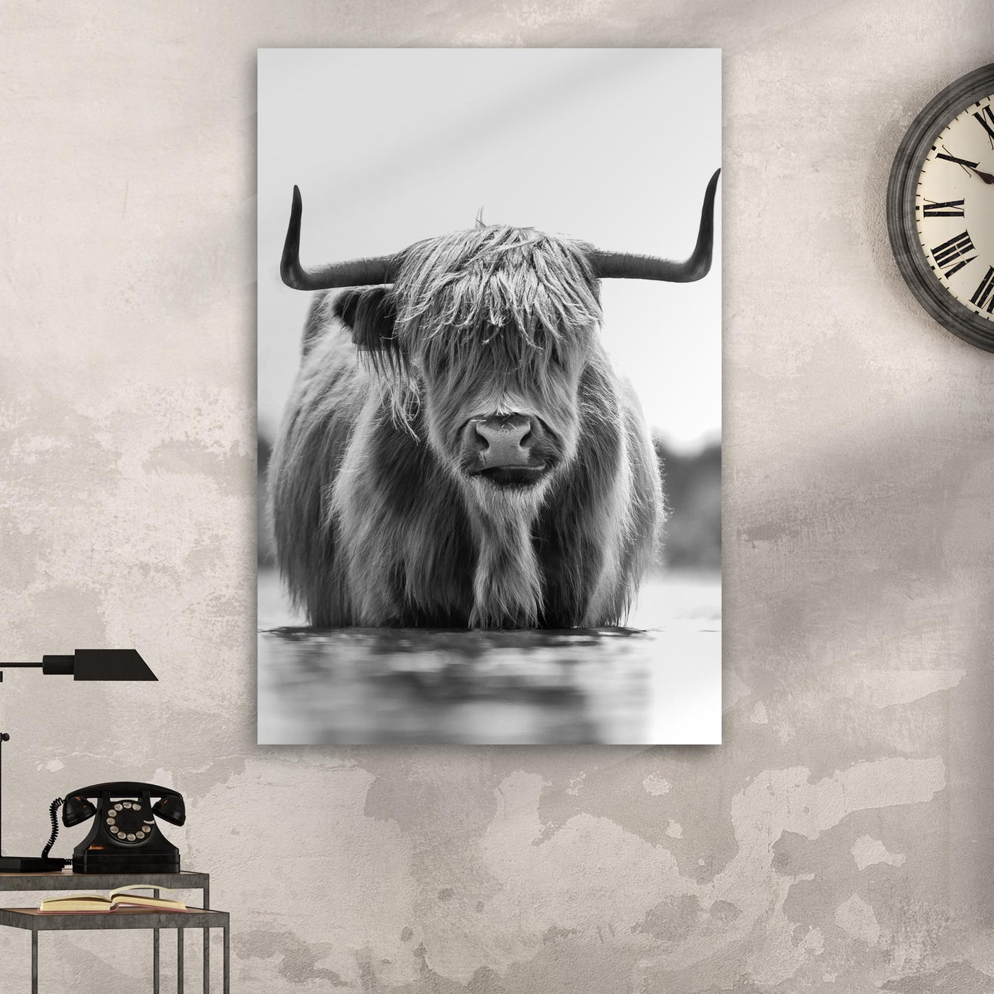 Grayscale Highland Cow canvas portrait; horns and shaggy coat Tailored Canvases on Tampa Home & Garden Store