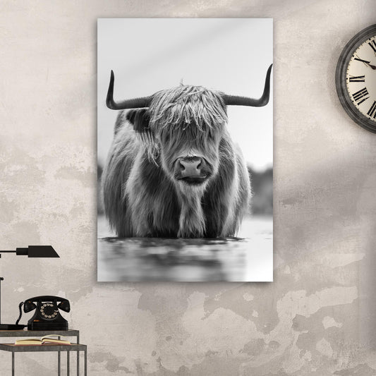 Grayscale Highland Cow canvas portrait; horns and shaggy coat Tailored Canvases on Tampa Home & Garden Store