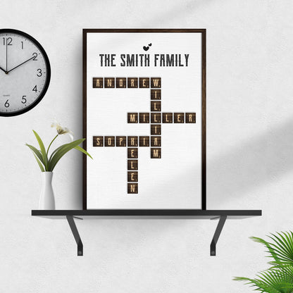 Scrabble Family Name Sign canvas with dark wood frame and letter tiles spelling THE SMITH FAMILY on Tampa Home & Garden Store
