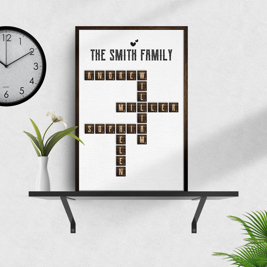 Scrabble Family Name Sign canvas with dark wood frame and letter tiles spelling THE SMITH FAMILY on Tampa Home & Garden Store