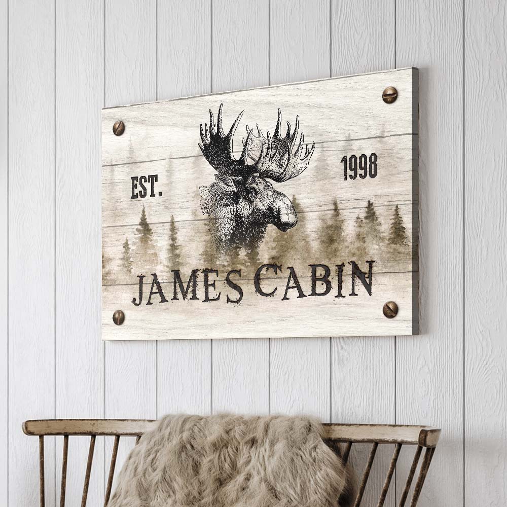 Canvas wall art Family Moose Cabin sign by Tailored Canvases, rustic wood panel with moose on Tampa Home & Garden Store