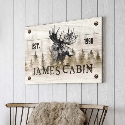 Canvas wall art Family Moose Cabin sign by Tailored Canvases, rustic wood panel with moose on Tampa Home & Garden Store